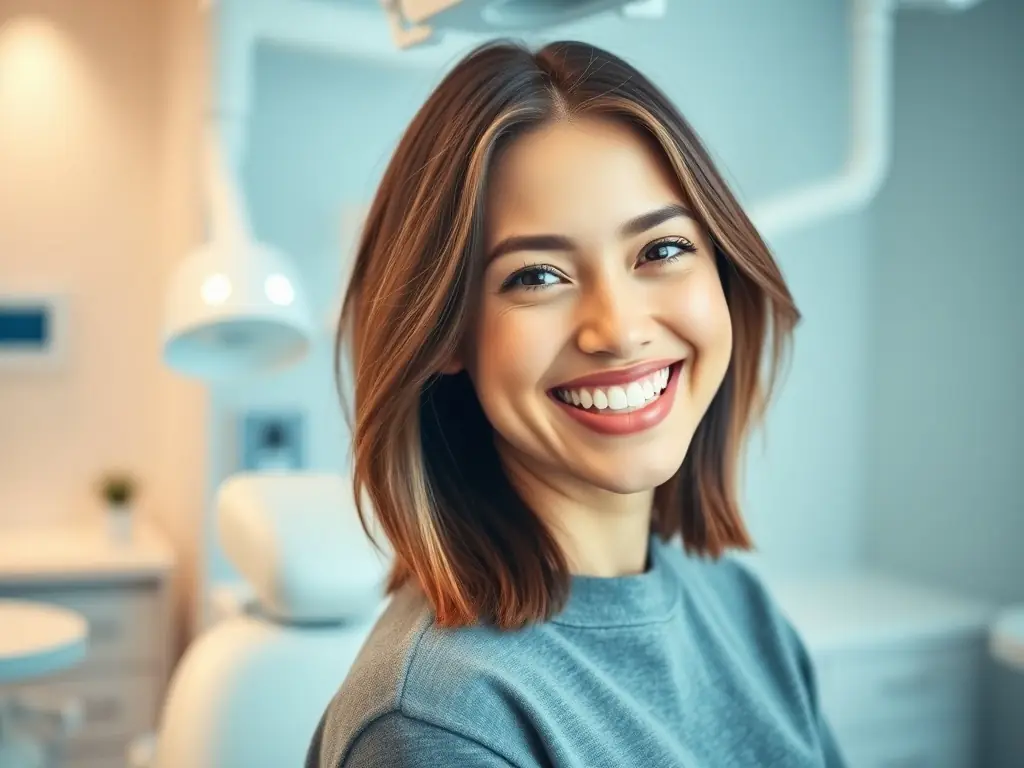 A patient smiling confidently after a teeth whitening procedure, showcasing a bright, white smile. The background is a modern dental clinic with professional lighting.