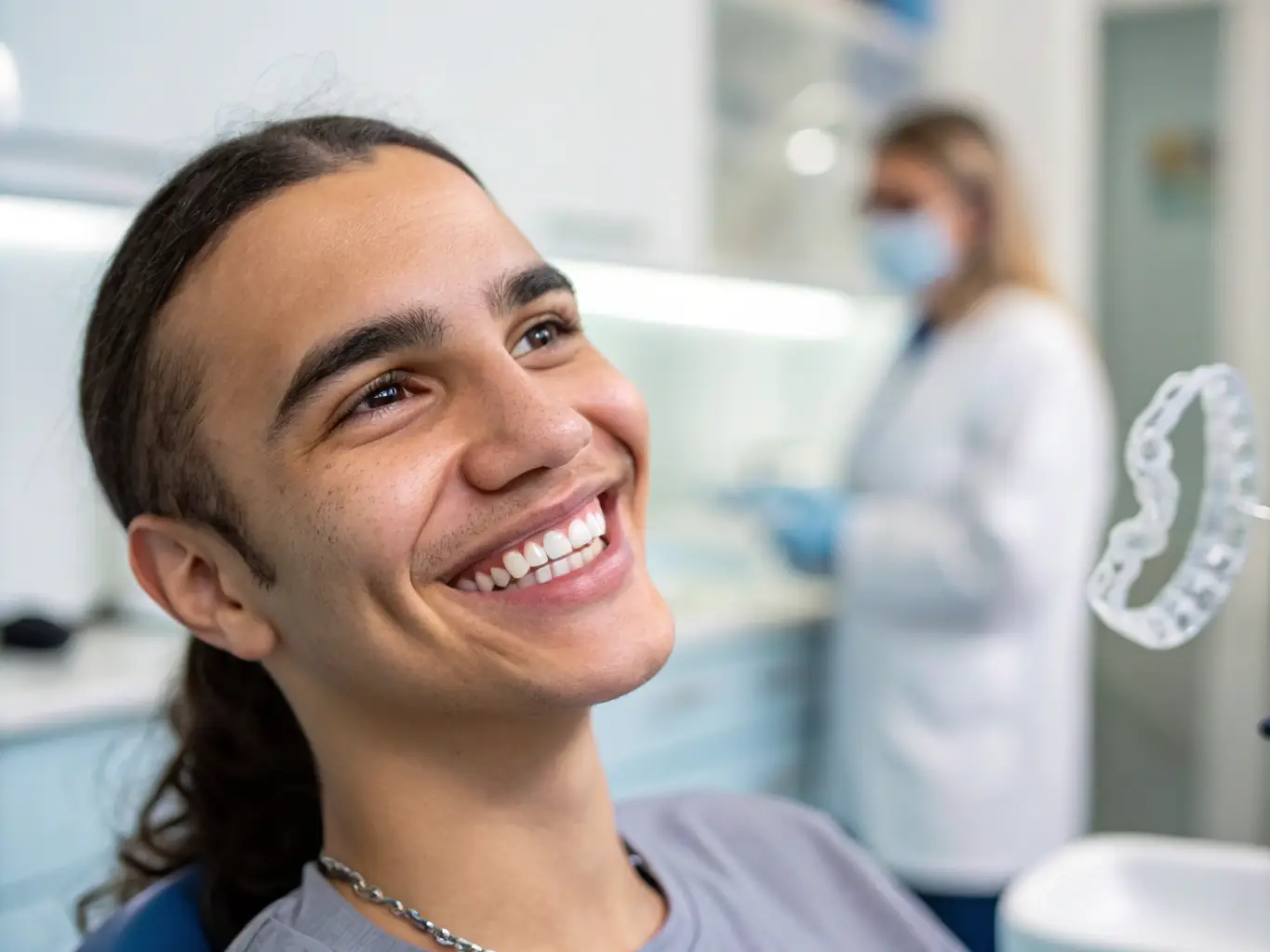 A patient undergoing an orthodontic treatment with clear aligners at Ata Dent Clinic, highlighting the discreet and comfortable teeth straightening process.