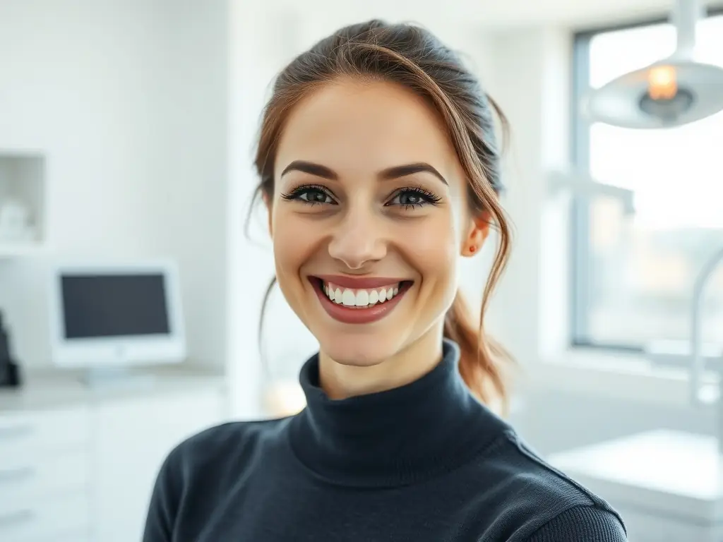 A patient smiling confidently after a teeth whitening procedure, showcasing the enhanced brightness and aesthetics of their smile. The background is a modern dental clinic.