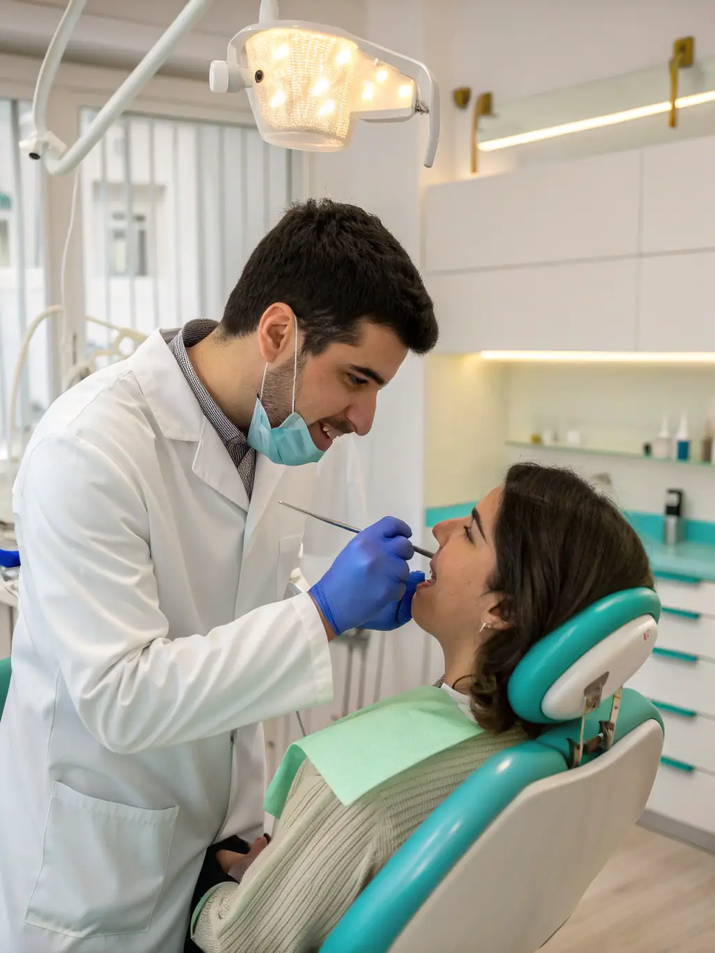 A close-up shot of a dentist performing a routine check-up on a patient, using dental instruments to examine their teeth, in a bright and modern clinic setting.
