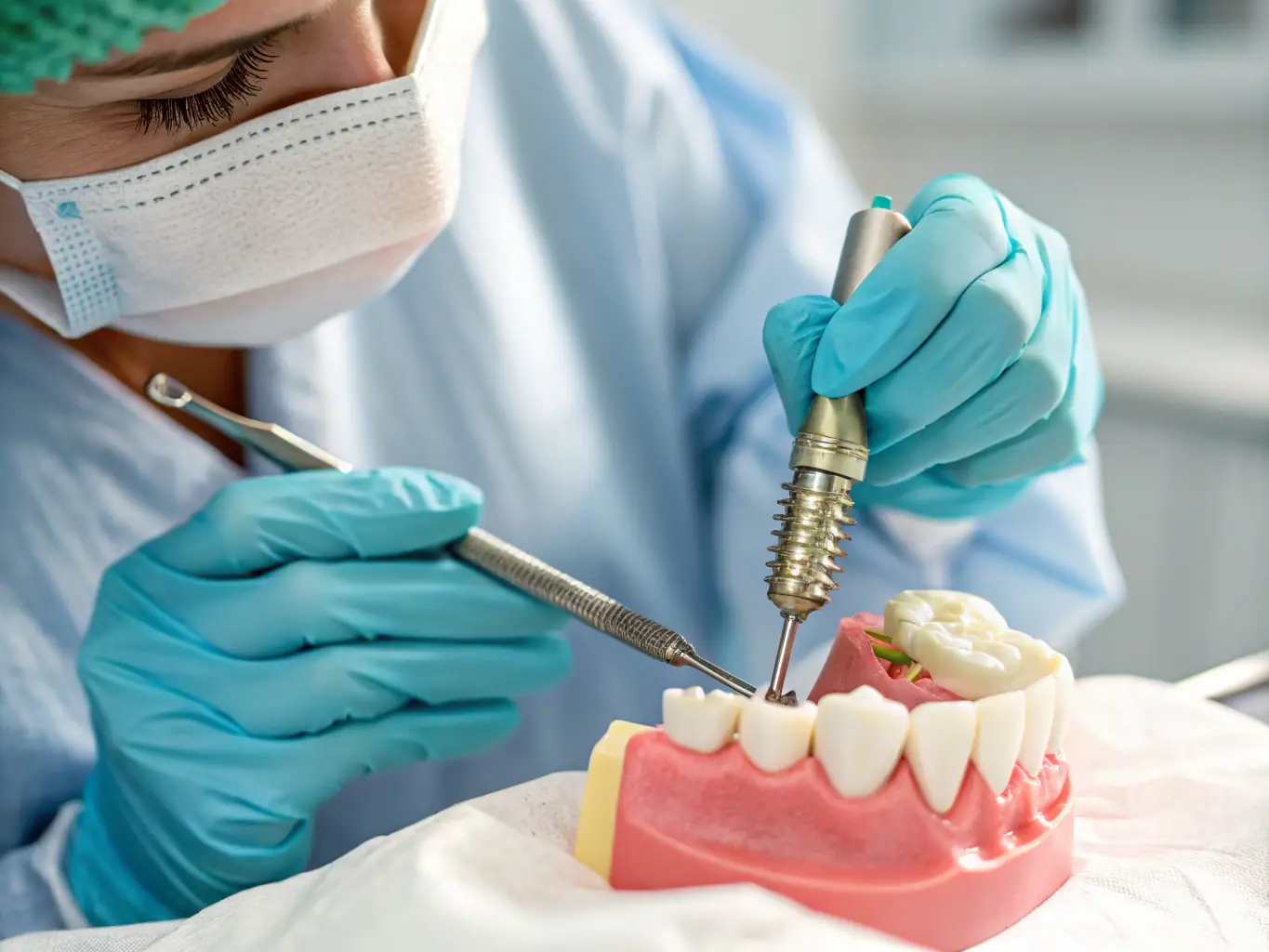 A dental professional placing a dental implant in a patient's jaw, using advanced surgical techniques. The scene is set in a sterile, high-tech operating room.