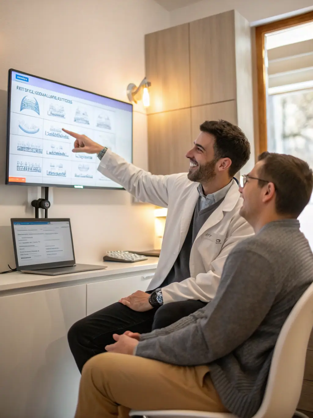 A patient wearing clear aligners during a consultation, discussing orthodontic treatment options for teeth straightening.
