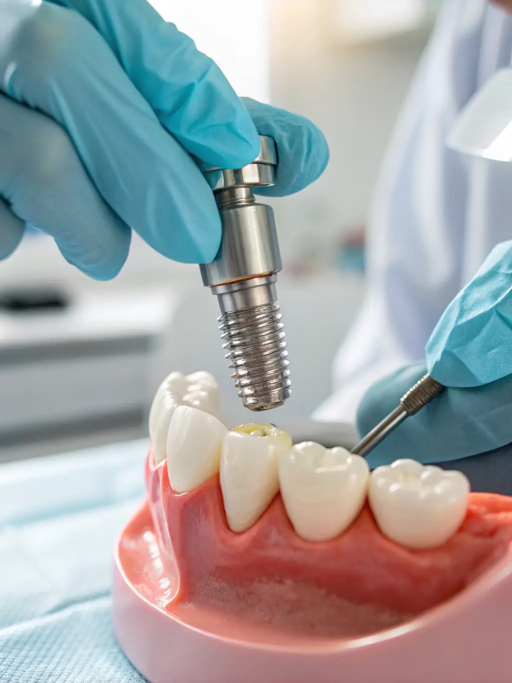 A dental implant being precisely placed into a patient's jawbone, demonstrating the advanced technology and precision involved in the procedure, in a sterile operating room.