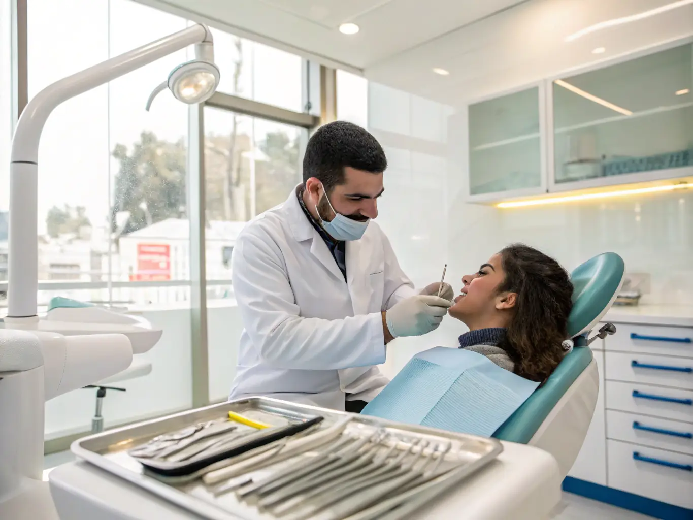 A dentist performing a routine check-up on a patient, using dental instruments to examine their teeth in a well-lit, modern clinic setting. The patient appears relaxed and comfortable.