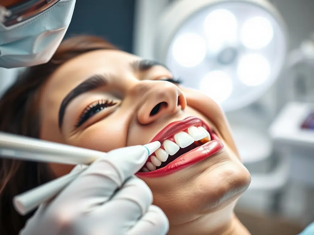 A dentist performing a teeth whitening procedure on a patient at Ata Dent Clinic, demonstrating the use of advanced technology for safe and effective results.