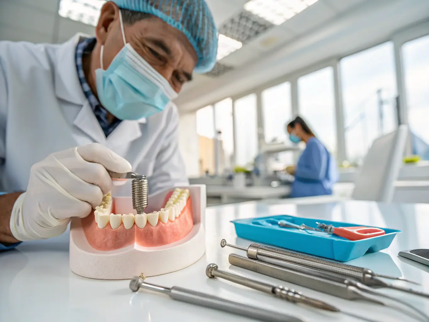 A dental implant being precisely placed in a patient's jaw, highlighting the advanced technology and expertise involved in the procedure. The setting is a sterile and modern operating room.