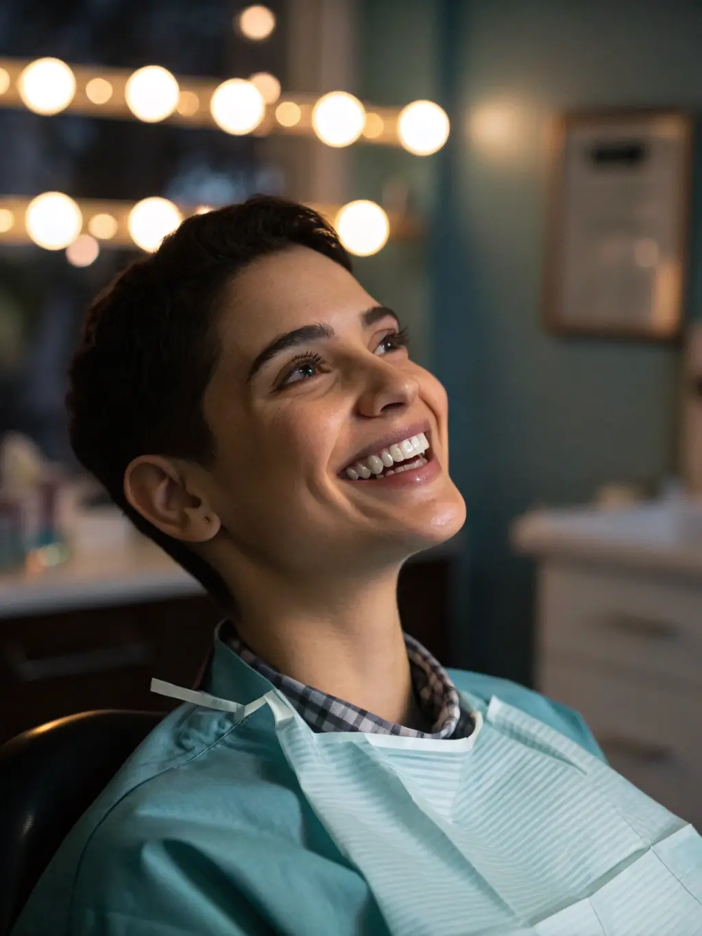 A patient wearing clear aligners, showcasing a discreet and comfortable orthodontic treatment option, in a modern dental clinic environment.