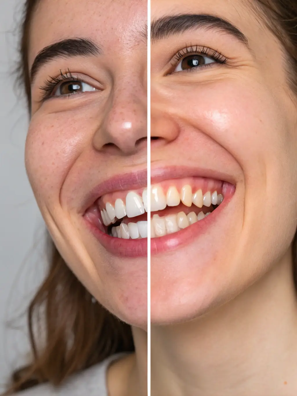 A before-and-after image showcasing the dramatic results of teeth whitening at Ata Dent Clinic, emphasizing the brightness and enhanced appearance.