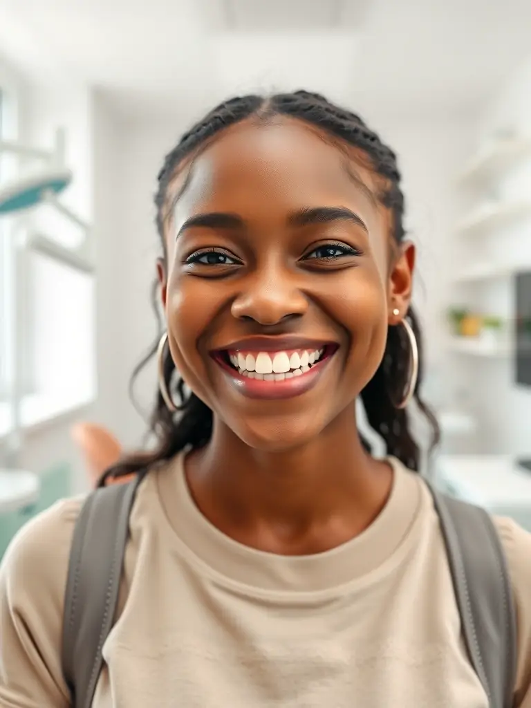 A patient smiling confidently after undergoing teeth whitening treatment, showcasing a bright and radiant smile, in a comfortable dental office.
