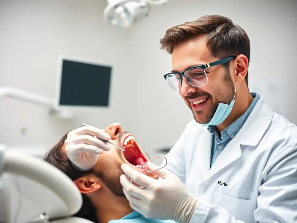 A dentist performing a routine check-up on a patient, using modern dental equipment in a bright and clean clinic setting. The focus is on the dentist's expertise and the patient's comfort.